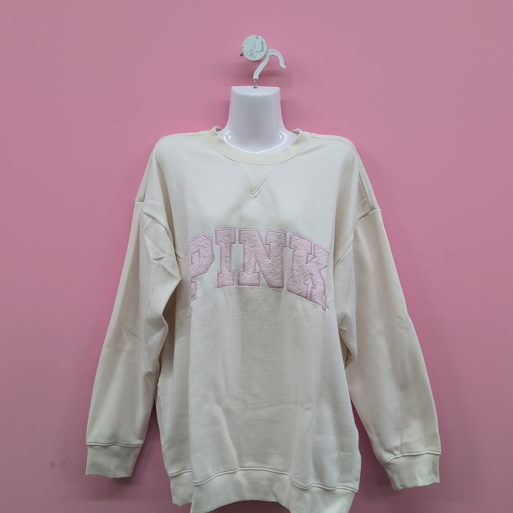 Victoria Secret Pink Ivy Fleece Oversized Crew Sweatshirt Large Winter White